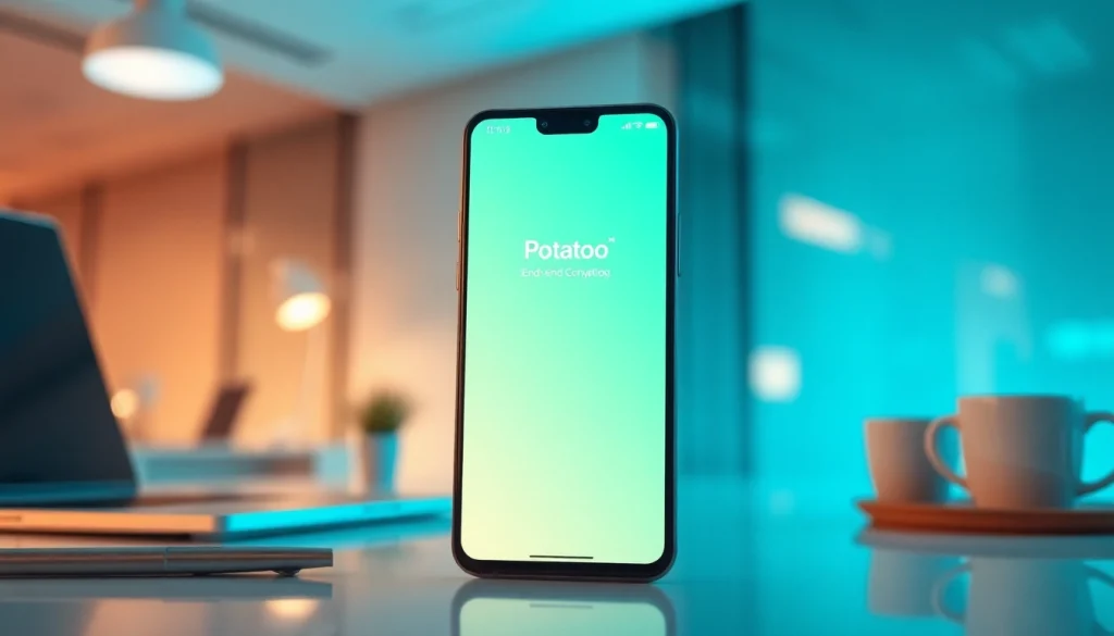 Discover Potato下载 in a modern office setting with a smartphone showcasing its secure messaging features.