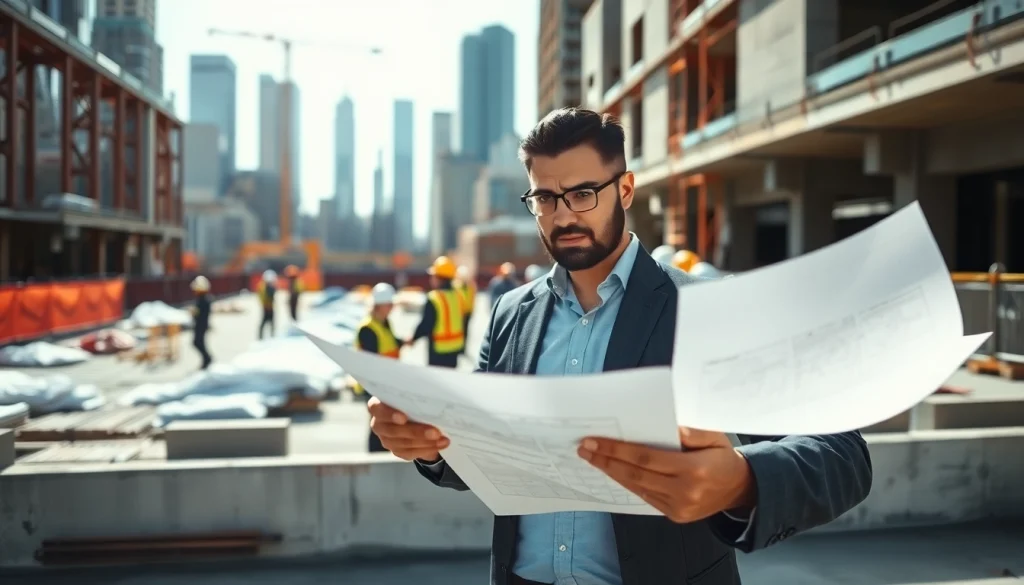 A New York City Construction Manager reviewing plans at a busy construction site, exuding professionalism.