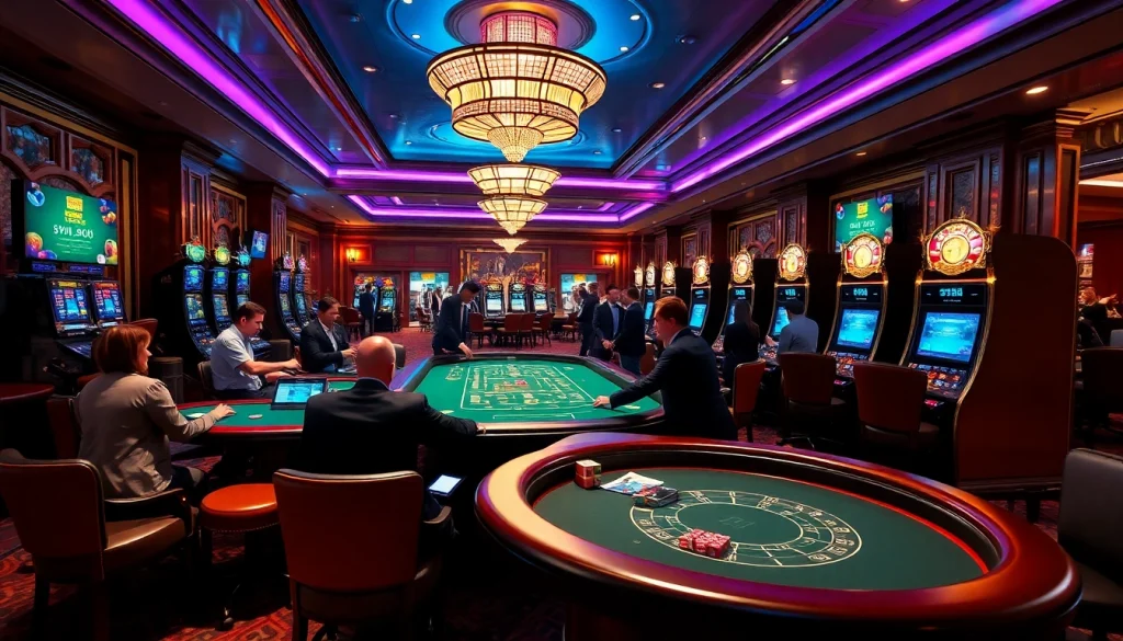 Gamblers enjoying the thrilling SV368 thomo gaming experience at a vibrant, luxurious casino.