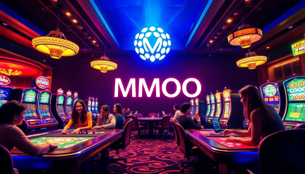 Exciting MMOO online casino scene showcasing players engaged in various games with vibrant lighting.