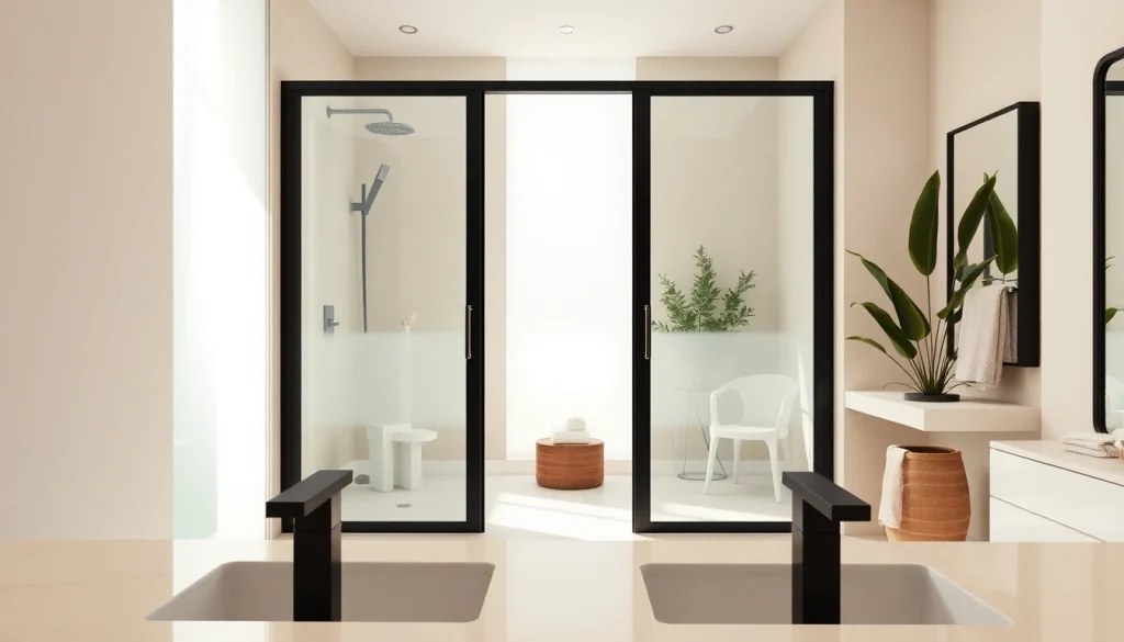 Admire the elegant black frame shower doors enhancing this modern bathroom's aesthetic.