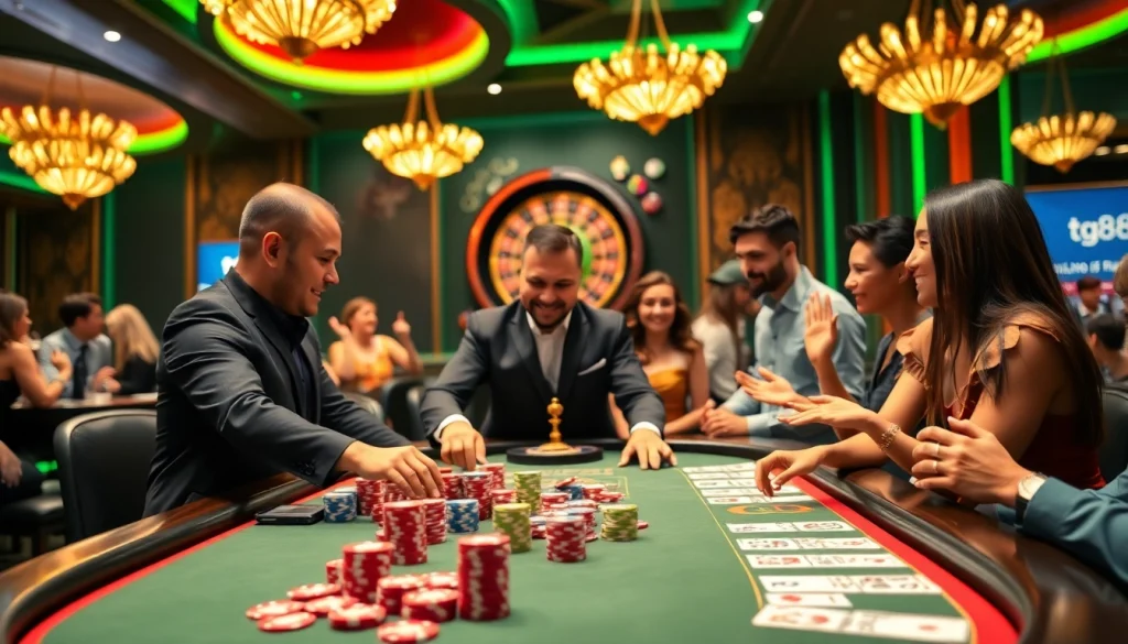 Players enjoying an exciting game experience at tg88 casino with vibrant chips and cards.