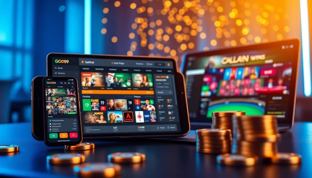GO99 online betting experience with modern gaming devices and vibrant casino elements, reflecting excitement and professionalism.