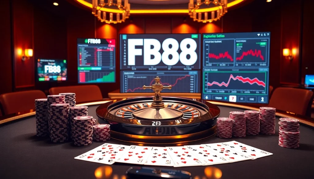 Players engaging in excitement and strategy at FB88's luxurious gaming tables with roulette and cards.