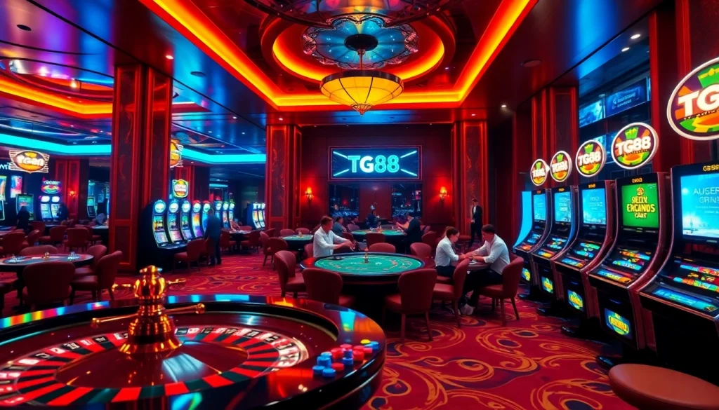 Experience thrilling gameplay at tg88 with immersive casino visuals showcasing dice, cards, and vibrant slot machines.