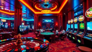 Experience thrilling gameplay at tg88 with immersive casino visuals showcasing dice, cards, and vibrant slot machines.
