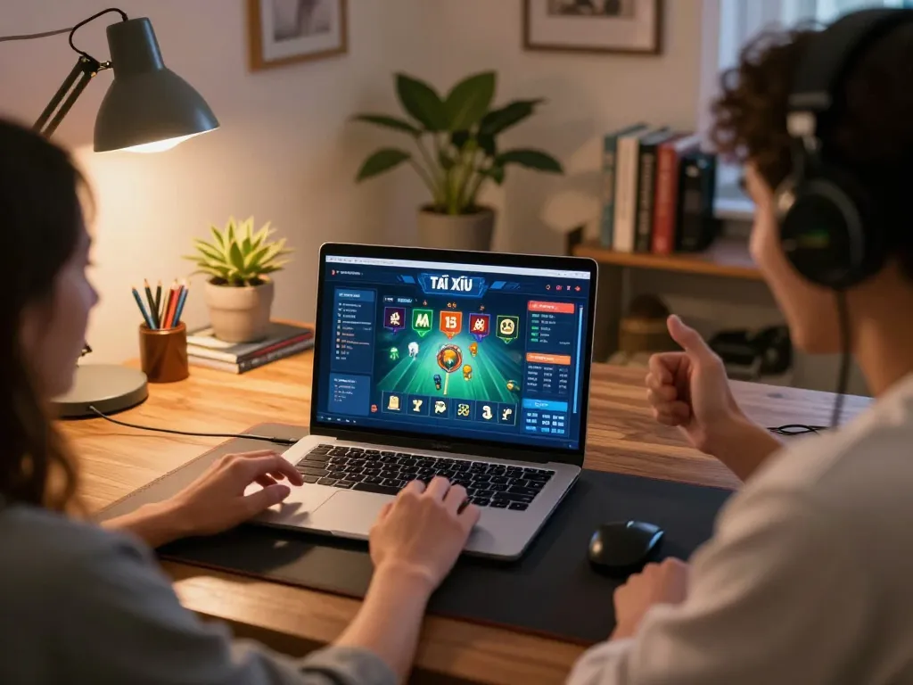 Tài Xỉu MD5 gameplay on a laptop in a cozy home, showcasing an engaging online experience.