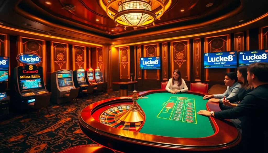 Experience the thrilling atmosphere of Luck8 with an elegant casino scene featuring roulette and poker tables.