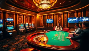 Experience the thrilling atmosphere of Luck8 with an elegant casino scene featuring roulette and poker tables.
