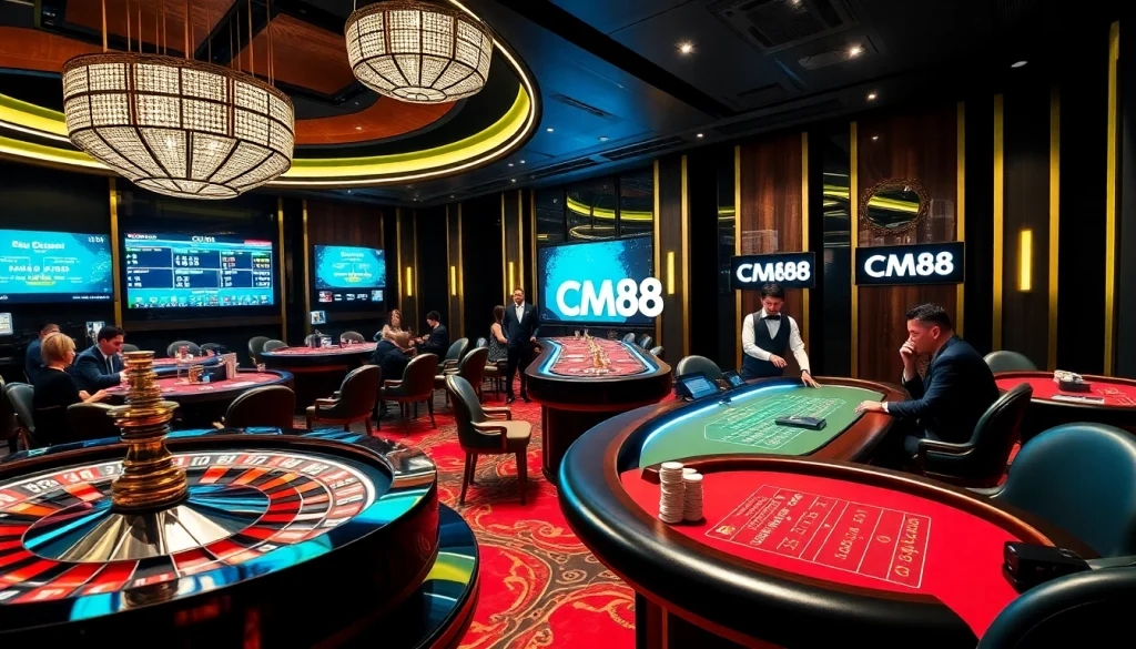 CM88 players enjoying an exciting game at a vibrant casino featuring roulette and poker tables.