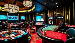 CM88 players enjoying an exciting game at a vibrant casino featuring roulette and poker tables.