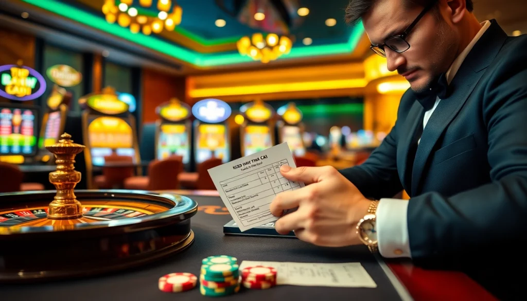 Kèo nhà cái betting slip in an exciting casino scene with luxury poker tables and roulette wheels.