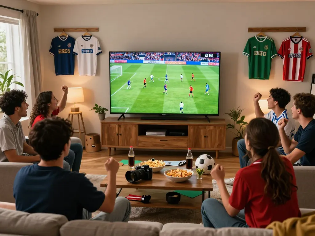 Cakhiatv viewers enjoying a live football match in a vibrant living room, surrounded by snacks and cheering friends.