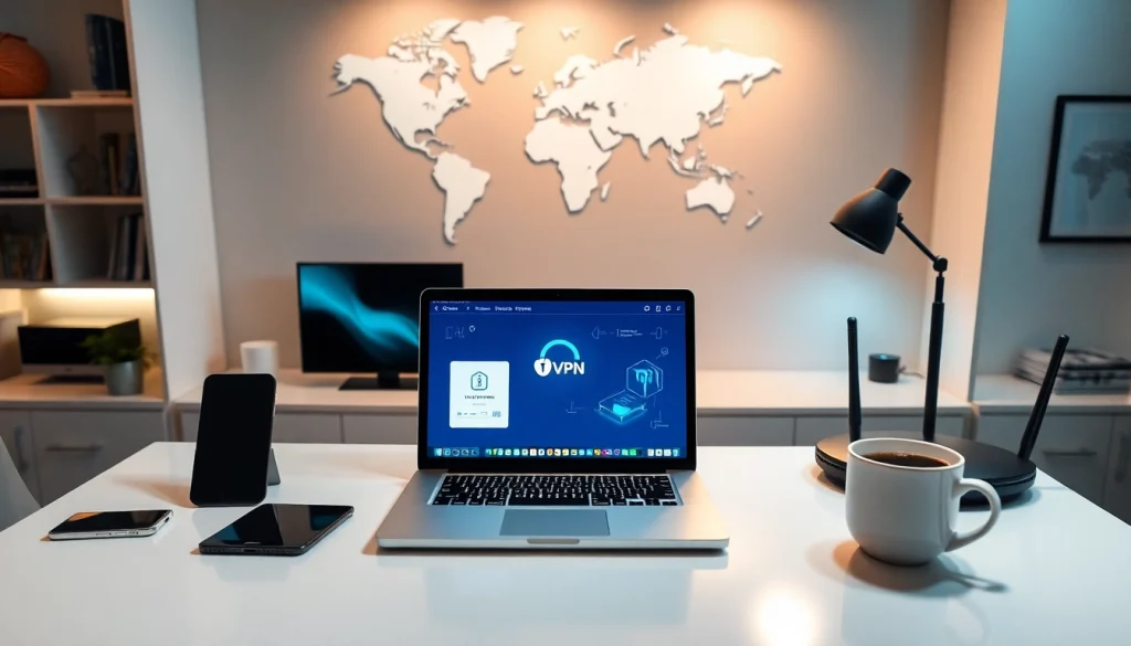 在现代家庭办公室环境中，笔记本电脑上显示的快连 VPN 界面