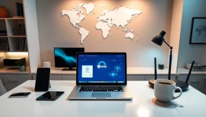 在现代家庭办公室环境中，笔记本电脑上显示的快连 VPN 界面