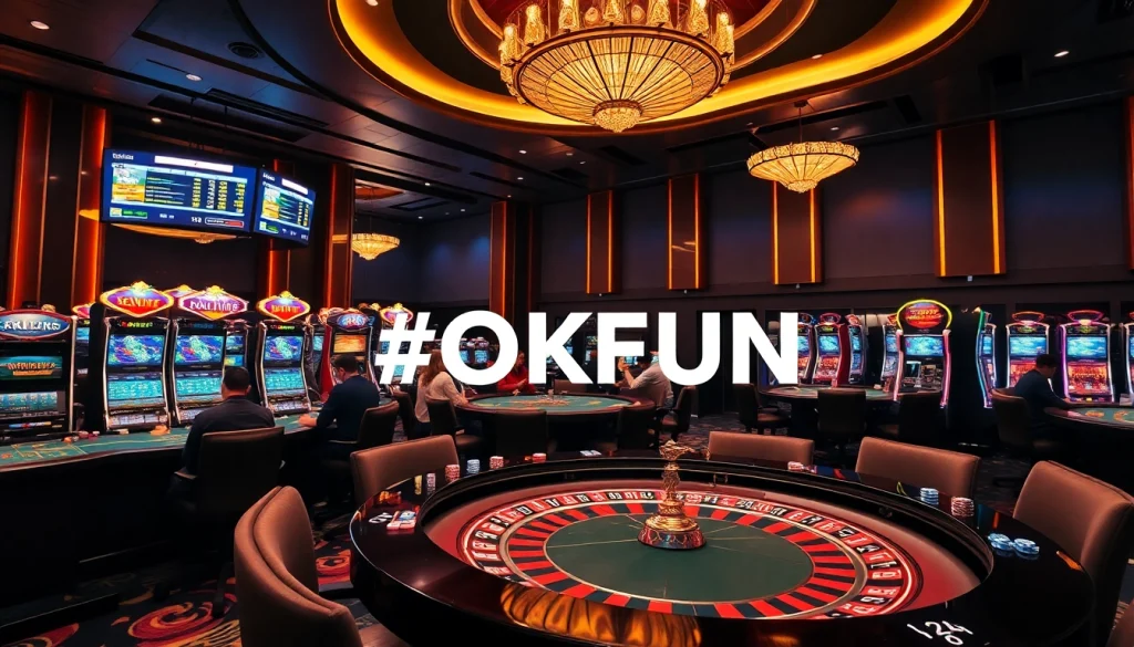 OKFUN players engage in a vibrant casino scene with roulette tables, poker chips, and excitement.