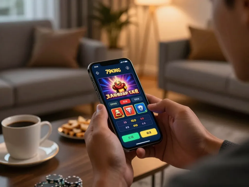 A person engaging with the 79king casino app on their smartphone, enjoying mobile gambling in a cozy home setting.
