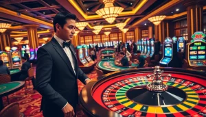 Exciting casino gaming atmosphere at 789f with roulette and poker tables.