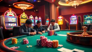 Experience the thrill of luck8 in a luxurious casino scene with poker, slots, and roulette wheels.