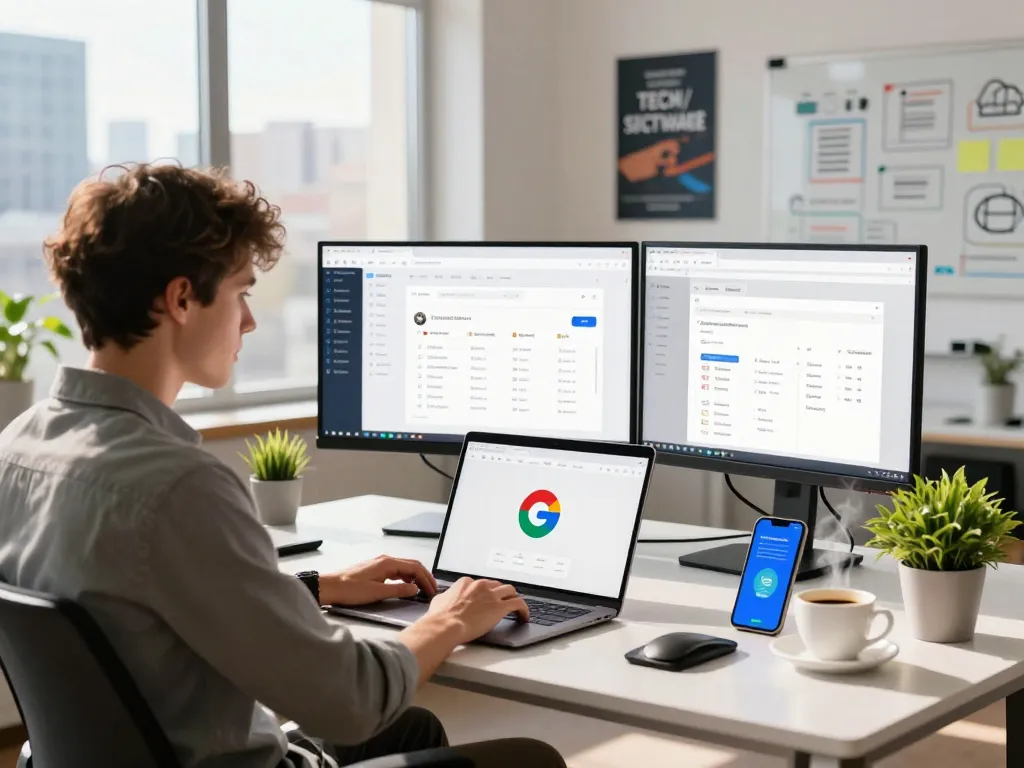 人在现代工作空间中探索谷歌浏览器功能，周围有显示器和咖啡。
