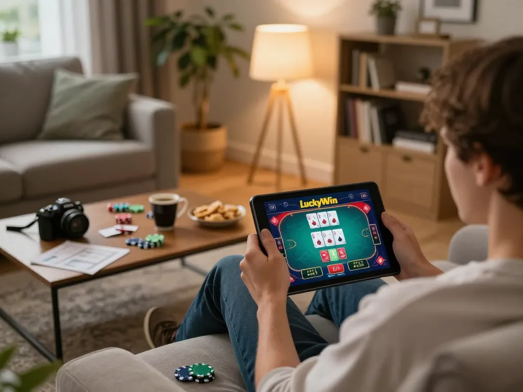 Engaging scene of a player enjoying LuckyWin online casino game on tablet at home.