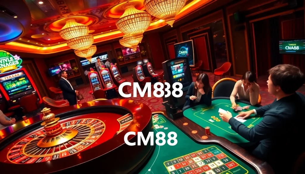 Exciting casino atmosphere with CM88 branding, featuring roulette tables and vibrant slot machines.