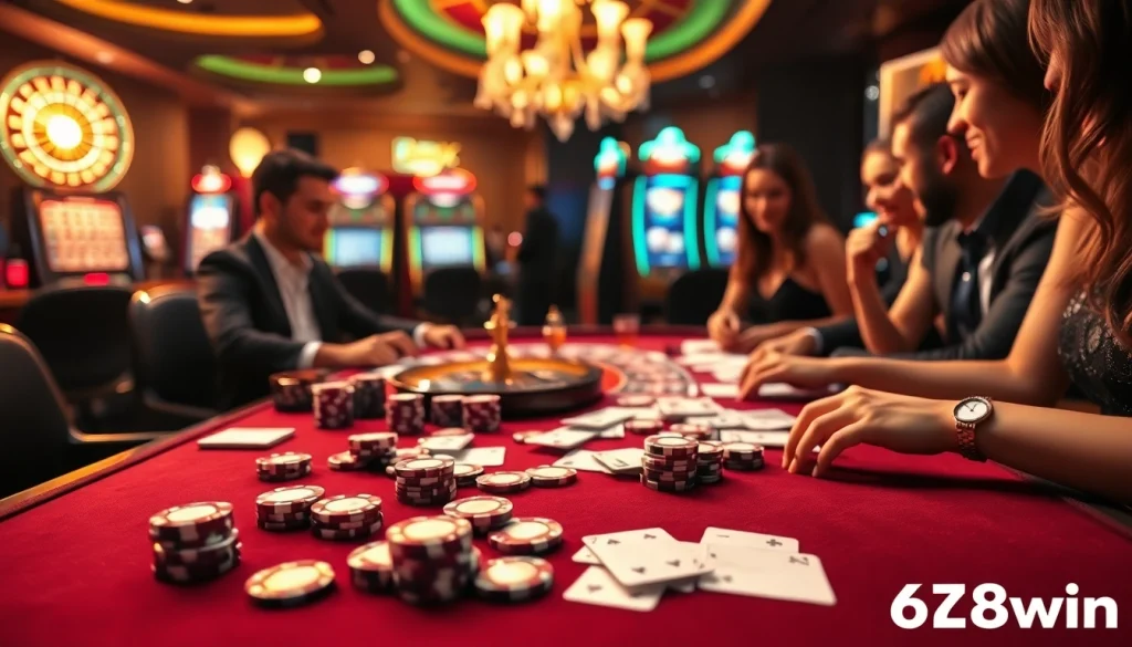 Players enjoying a game at 678win casino table with vibrant atmosphere and casino elements.