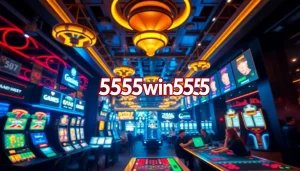 Dynamic scene of an online casino showcasing 555win555 gaming experience with vibrant neon lights and engaging players.