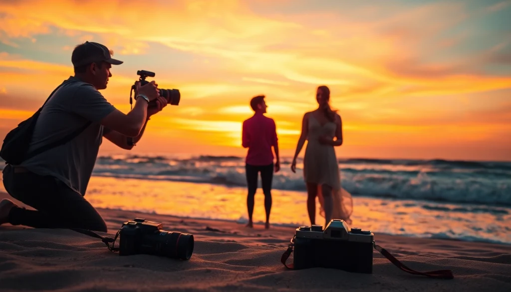 Destination photographer captures a couple during a stunning sunset on the beach.