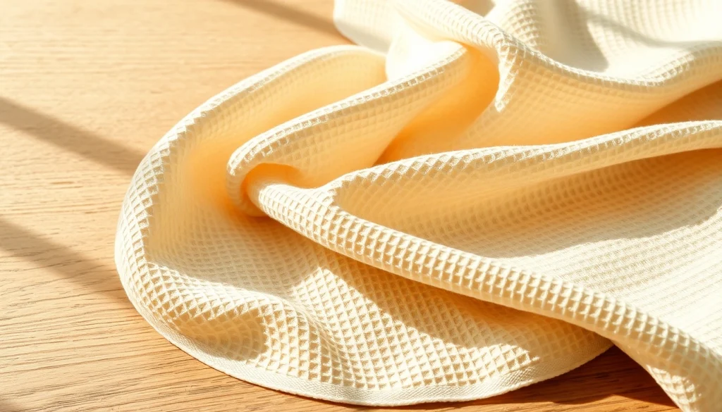 Wafel katoenen stof met een unieke textuur mooi gepresenteerd op een houten achtergrond.