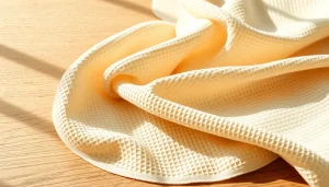 Wafel katoenen stof met een unieke textuur mooi gepresenteerd op een houten achtergrond.