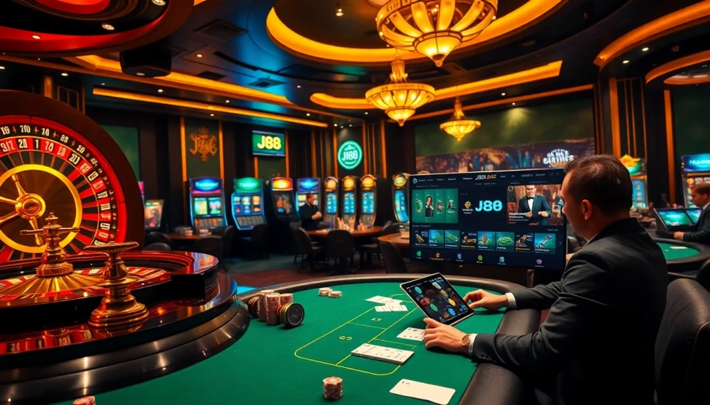 Experience J88 gaming excellence at a vibrant casino filled with poker tables and slot machines.