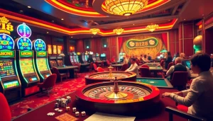 Experience the thrill of Link Fi88 as players engage at vibrant poker tables in a luxurious casino setting.