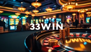 Engaging scene of casino excitement with 33WIN on roulette table and vibrant gaming elements.