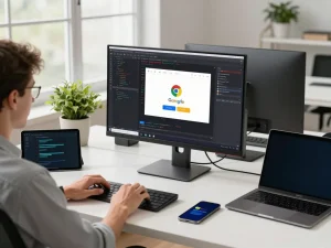 Experience the versatility of 谷歌浏览器 showcased in a modern tech workspace with high-performance devices.