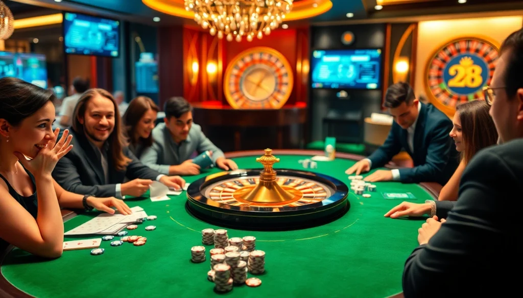 Players celebrate wins at the luckywin casino table, showcasing excitement in a vibrant gambling atmosphere.