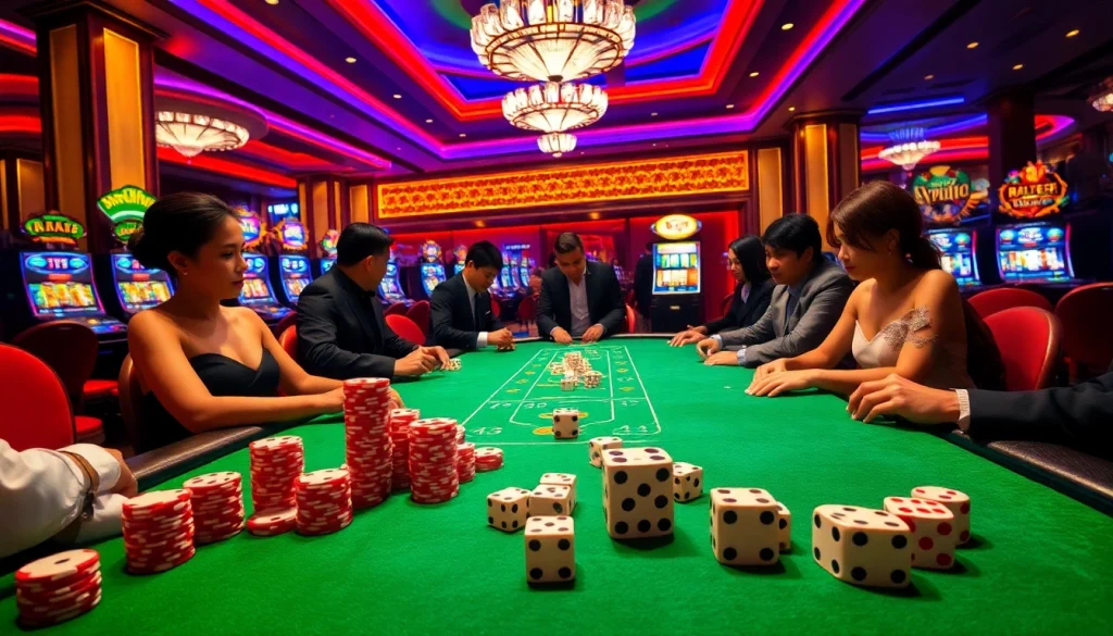 Players enjoying a thrilling game of Tài Xỉu at Haywin casino, surrounded by vibrant atmosphere.