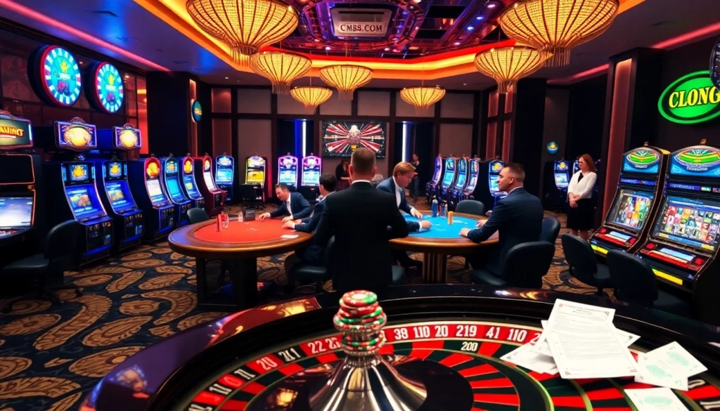 Action-packed gambling scene at CM88.COM featuring poker tables, roulette, and vibrant casino atmosphere.