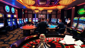 Action-packed gambling scene at CM88.COM featuring poker tables, roulette, and vibrant casino atmosphere.