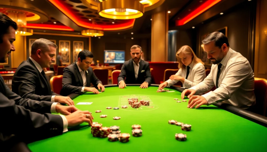 Xoilac poker players engaged at a stylish table surrounded by chips and a roulette wheel.
