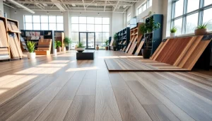 Explore luxury vinyl flooring near me with diverse styles showcased elegantly in a bright showroom.