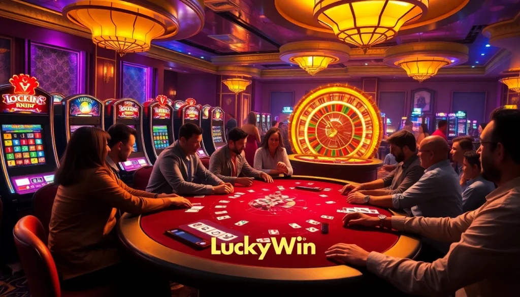 Experience the thrill of LuckyWin as players engage passionately at a luxurious casino table.