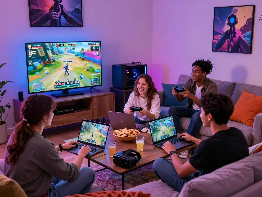 Engaging scene of friends playing together and tải 789 club in a cozy living room, highlighting gaming culture and excitement.
