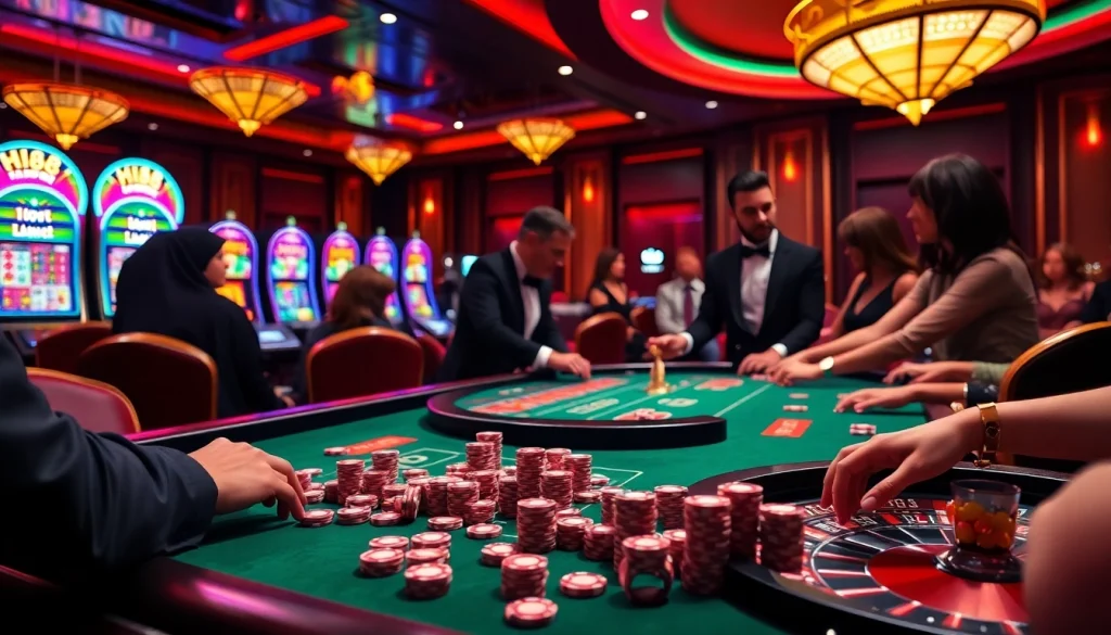 Players enjoying a thrilling game at Hi88 casino table with vibrant chips and luxurious atmosphere.