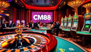 Players enjoying a high-stakes roulette game at CM88 Casino, showcasing luxury and excitement.