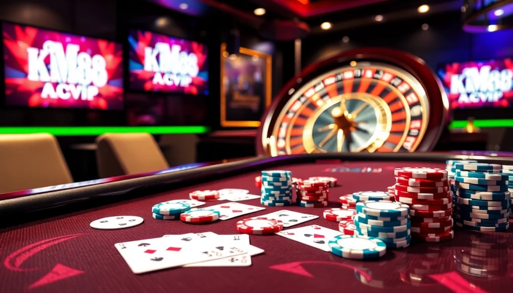Experience the excitement of km88 abcvip with a luxury online casino setting featuring poker chips and roulette.