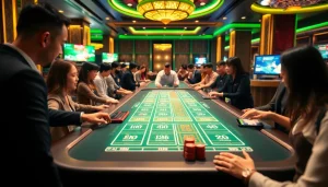Tài xỉu MD5 gaming table with excited players engaged in betting at a luxurious casino.