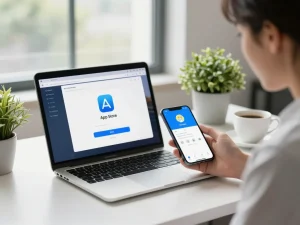 现代办公桌上的快连下载过程，展示了一个科技感十足的工作空间氛围。