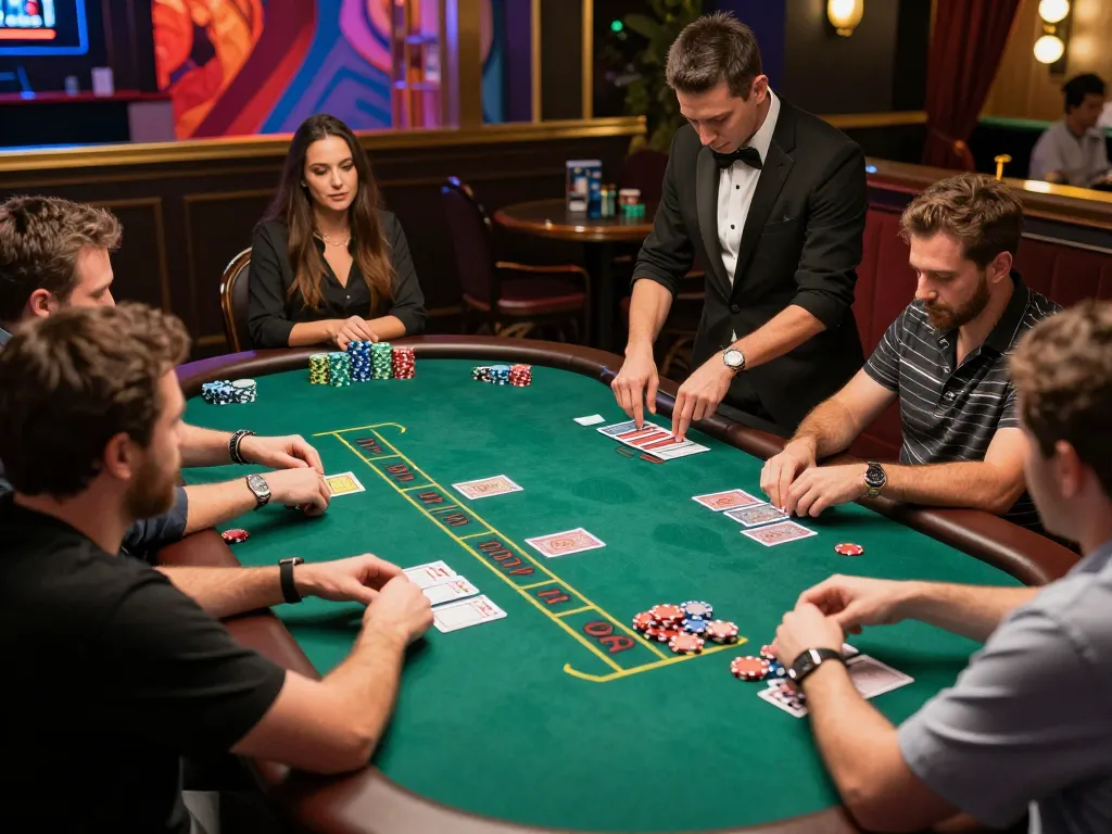 Luck8 players strategizing in an intense blackjack game at a vibrant live casino table