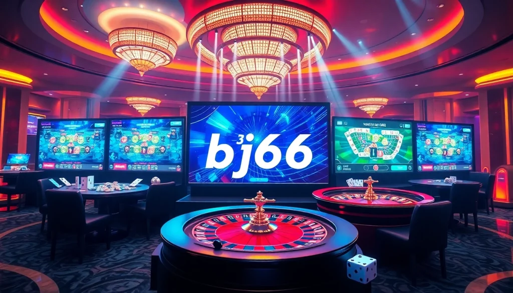 Engaging scene at nhà cái bj66 featuring vibrant casino elements including poker chips and playing cards.
